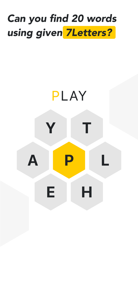 Spelling Word Puzzle - Pangram - Uma interface de quebra-cabeça de palavras em favo de mel mostrando sete letras com uma letra dourada central P e a palavra PLAY sendo formada.