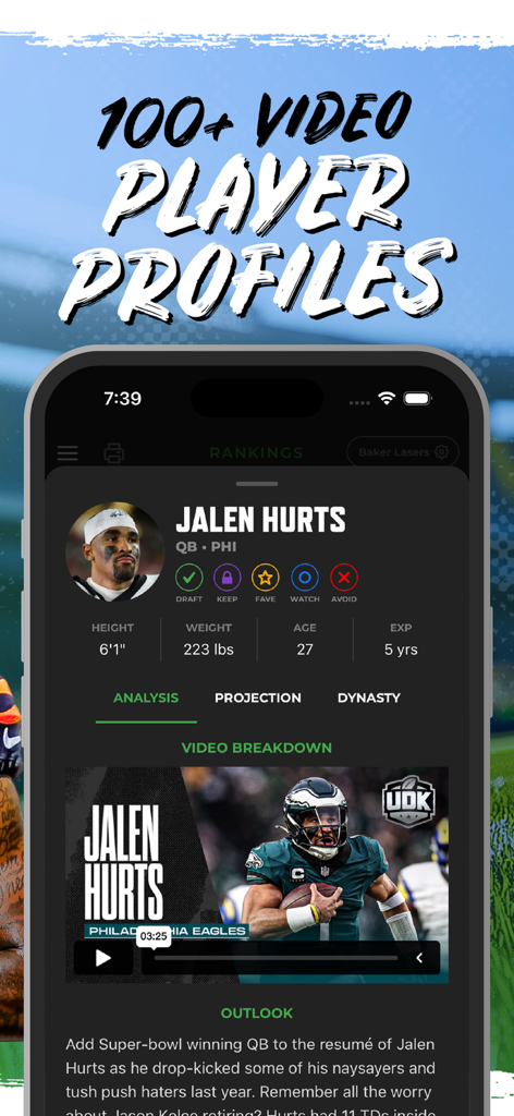 Mobile app screen showing Jalen Hurts video player profile and fantasy football analysis in the Ultimate Draft Kit