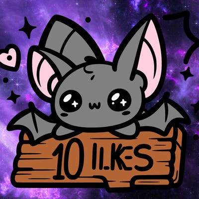 kawaii bat resting with its legs on a sign that says 10 likes