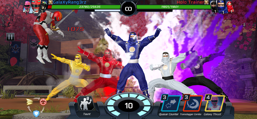 A real-time PvP battle in Power Rangers Legacy Wars featuring ninja-themed rangers and special attack animations.