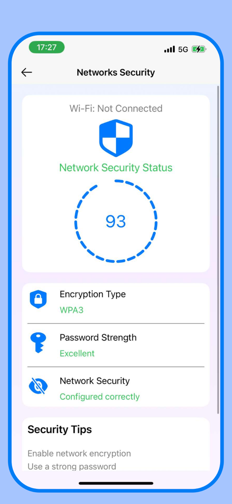 VPN - Super Shield VPN Buck - Interfaz de la aplicación móvil que muestra una puntuación de seguridad de red de 93 con cifrado WPA3 y detalles de fortaleza de contraseña para VPN Super Shield.