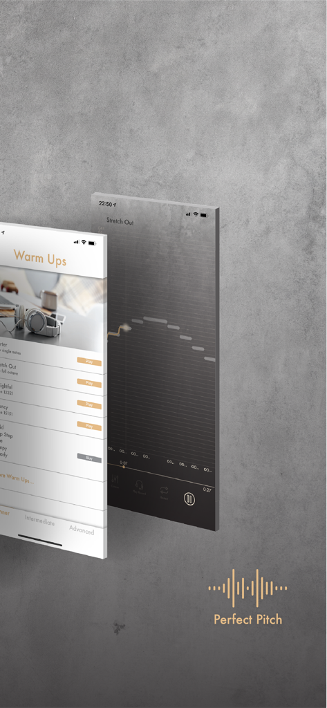 Learn to Sing app screens showing vocal warm-up exercises and real-time pitch detection graph.