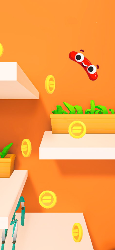 Sausage Game: Jump & Flip - Smiling red sausage jumping and collecting gold coins in a 3D arcade game