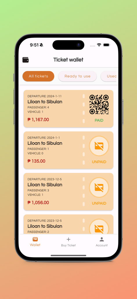 Tripket PH - Tripket PH mobile app screen showing a digital ticket wallet with ferry booking details and a QR code