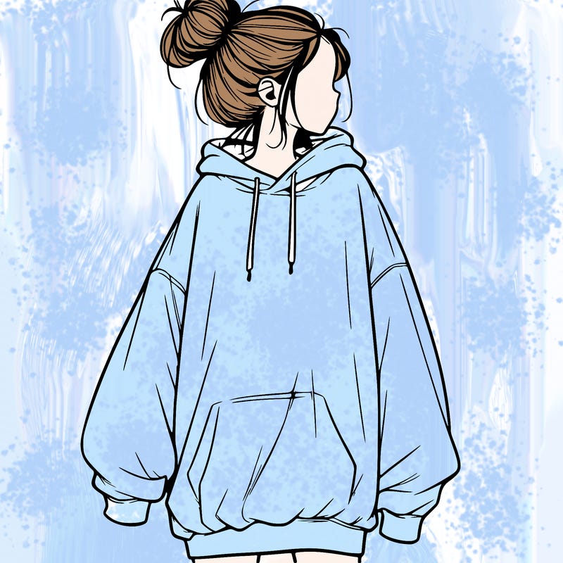 realistic girl with a oversized sweatshirt on and a bun