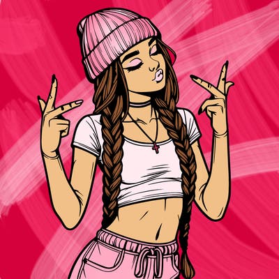 realistic teenage girl with braids and a beanie and crop top doing 🫶🏼