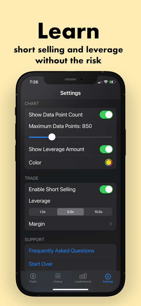 ビットコインシミュレーターの設定画面。空売りとレバレッジのオプションが表示されています