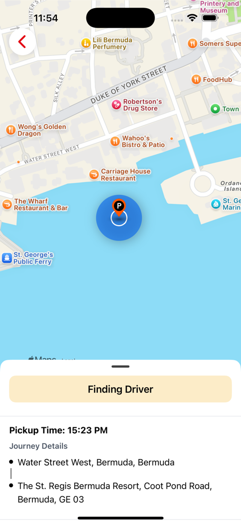 Ride.bm - Interface of Ride.bm app showing a map of Bermuda while searching for a taxi driver with trip details listed at the bottom
