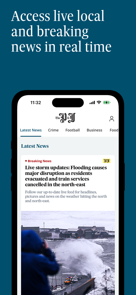 Smartphone displaying The Press and Journal Scotland news app with a breaking news update about local weather and flooding.