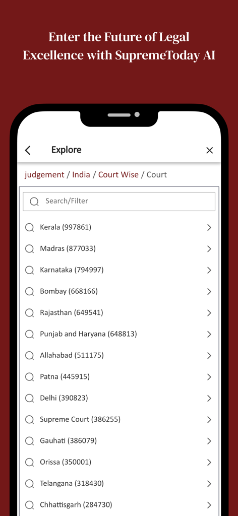 Supreme Today AI - Supreme Today AI app interface showing a list of Indian courts for legal judgment research