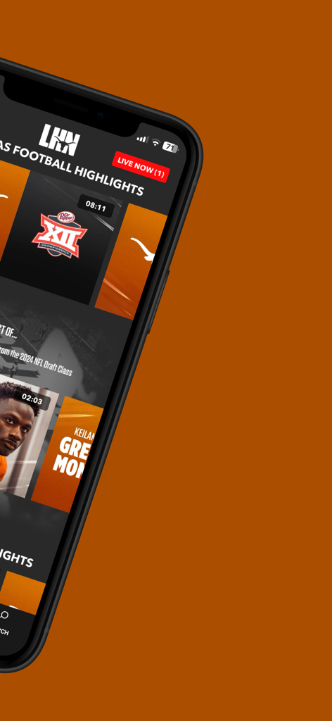 LHN (Longhorn Network) - LHN app interface displaying Texas football highlights and live video content