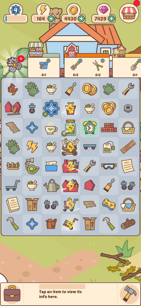 Merge Mend : Renovate Town - Captura de pantalla del juego de Merge Mend Renovate Town que muestra la cuadrícula de fusión de objetos y las tareas de renovación