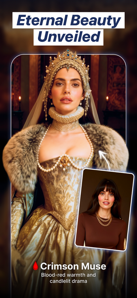 Photica (Pixly)・Photo Animator - Before and after AI transformation of a modern woman into a regal historical queen using the Photica app