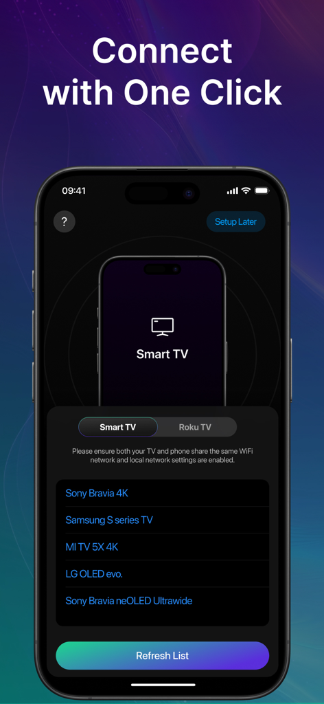 Universal Remote: All Smart TV - Universal Remote app interface showing a list of detected smart TVs ready for a one-click connection