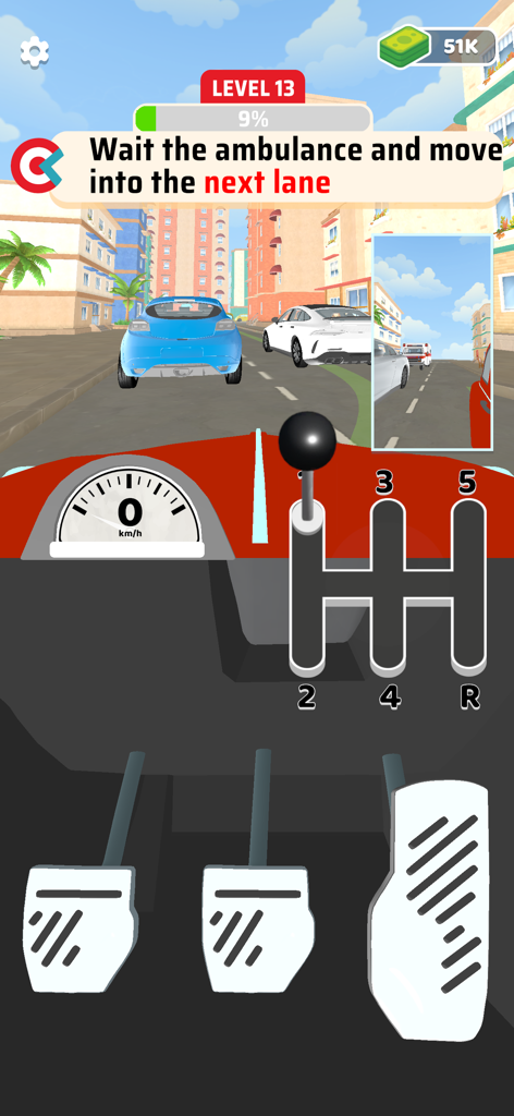 A driving simulator game showing manual gear shift pedals and traffic