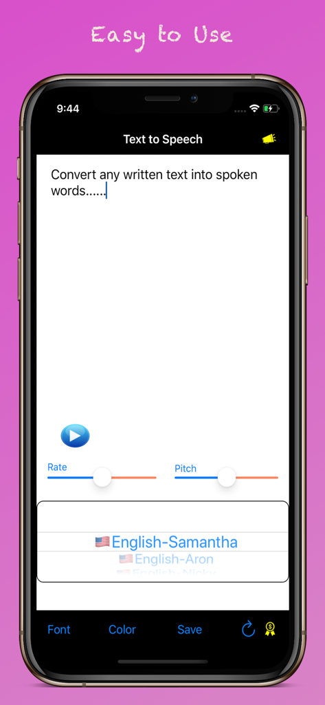 Text to Speech mobile app interface showing voice pitch and rate controls on an iPhone