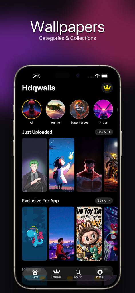 HDQWalls - Interface of HDQWalls app showing wallpaper categories including Anime and Superheroes with a selection of featured high-quality backgrounds.