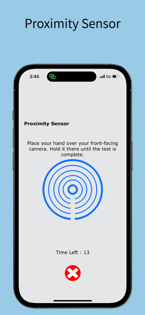 Proximity sensor diagnostic test screen on the iDiagnosis app