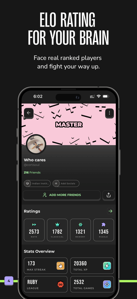 Matiks: Math and Brain Games - Écran de profil de l'application Matiks montrant les classements ELO cérébral et les statistiques de jeu.