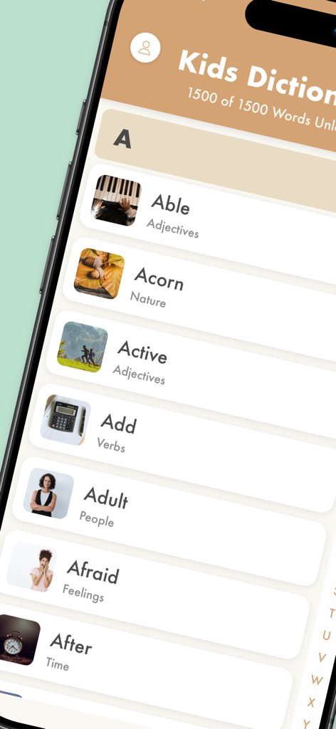 Kids Dictionary School Edition - Kids Dictionary School Edition app interface displaying vocabulary words for children with images and category labels