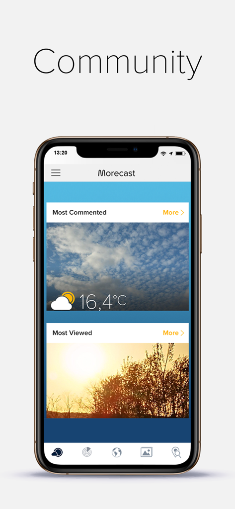 MORECAST Weather App - The community feature of the MORECAST weather app showing shared photos of clouds and a sunset with local temperatures