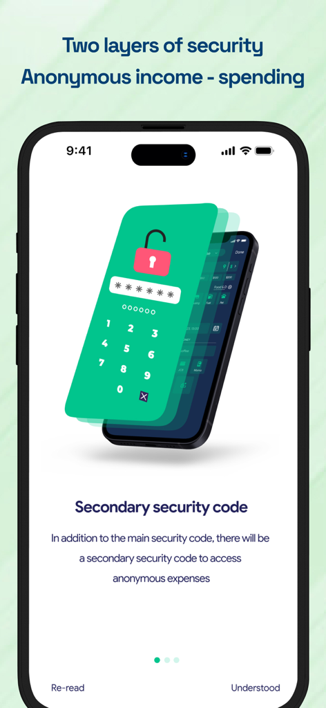 Budget Planner & Tracker: HeDa - HeDa budget planner app showing secondary security code for private spending