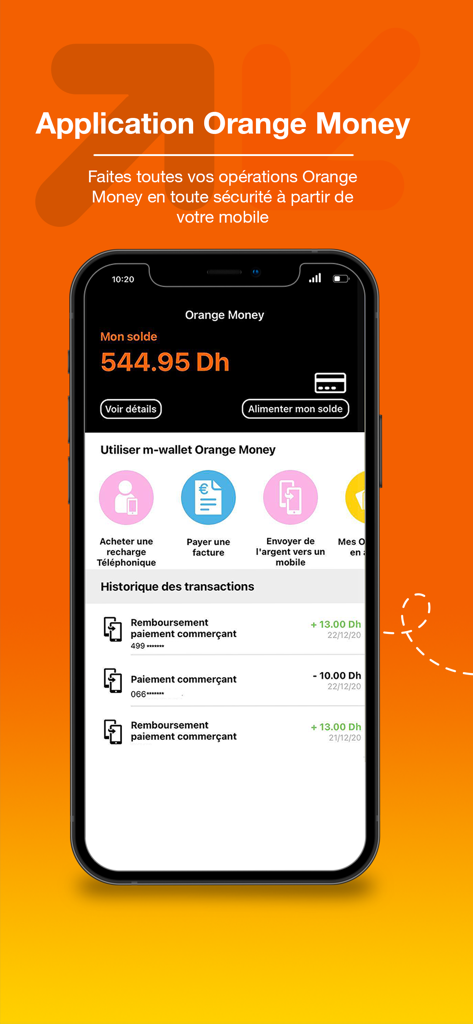 Dashboard of the Orange Money Maroc app showing balance and financial services