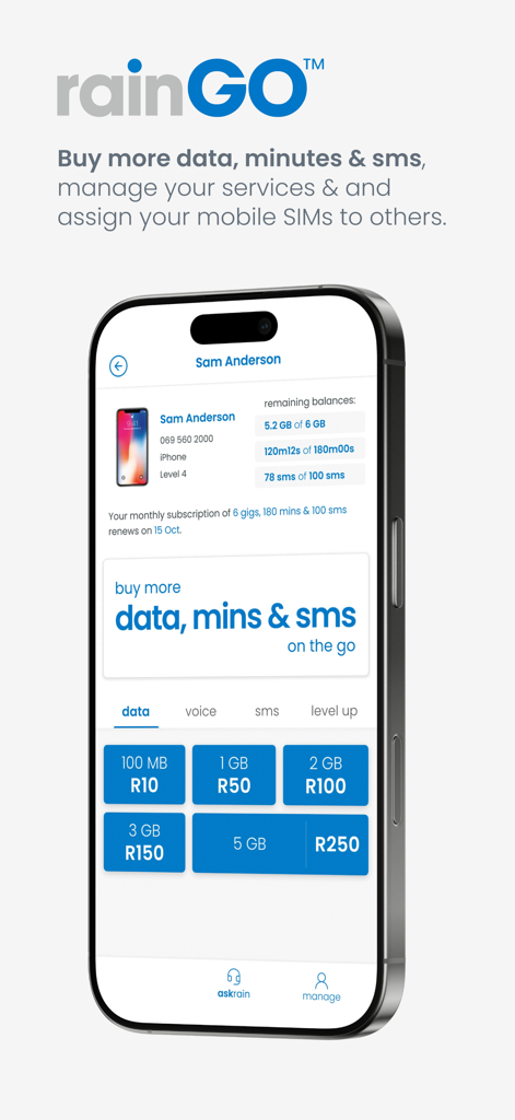 RainGo app screen showing remaining data balances and mobile top up options