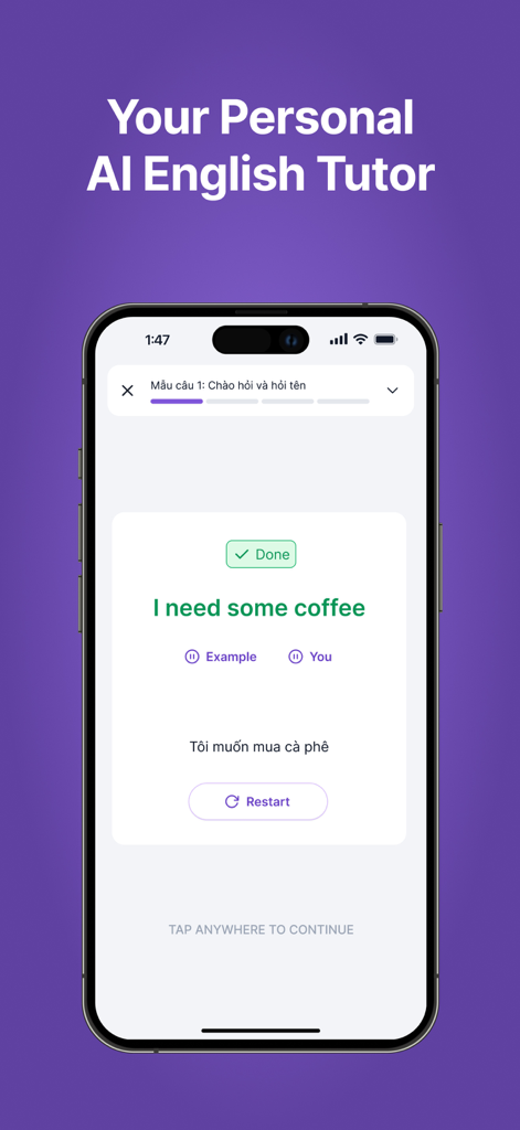 Speak & Learn English SpokziAI - Mobile app interface showing an AI English tutor lesson for speaking practice