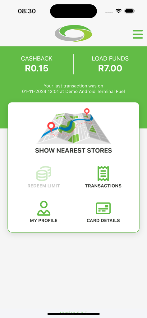 Infinity Rewards Card app dashboard showing cashback balance and menu options for nearest stores and transactions
