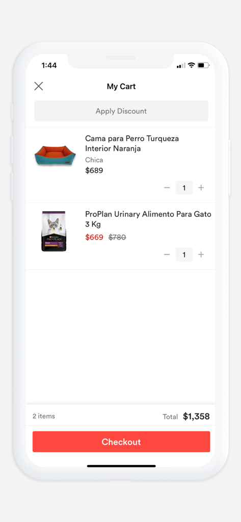 Veterinarias Mister Mascotas - Shopping cart screen of the Mister Mascotas app showing a dog bed and cat food ready for checkout.
