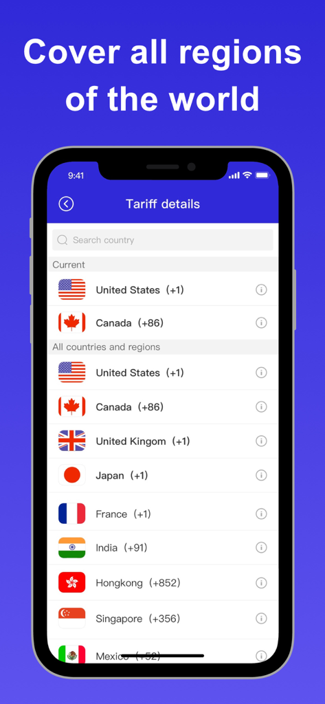Insta Texting - Unlimited Call - A smartphone showing the tariff details screen of the Insta Texting app with a list of countries including the USA, Canada, and United Kingdom.