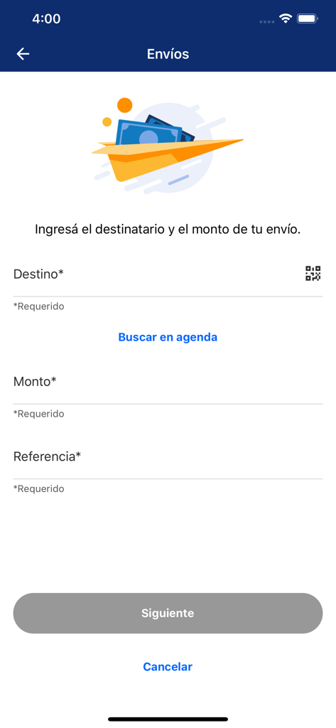 Tuapp Billetera Electronica - Tuapp digital wallet interface for sending money with destination and amount fields.