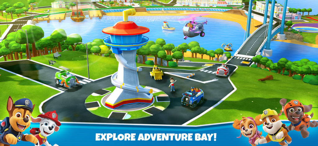 PAW Patrol pups and their vehicles at the Lookout Tower in Adventure Bay.