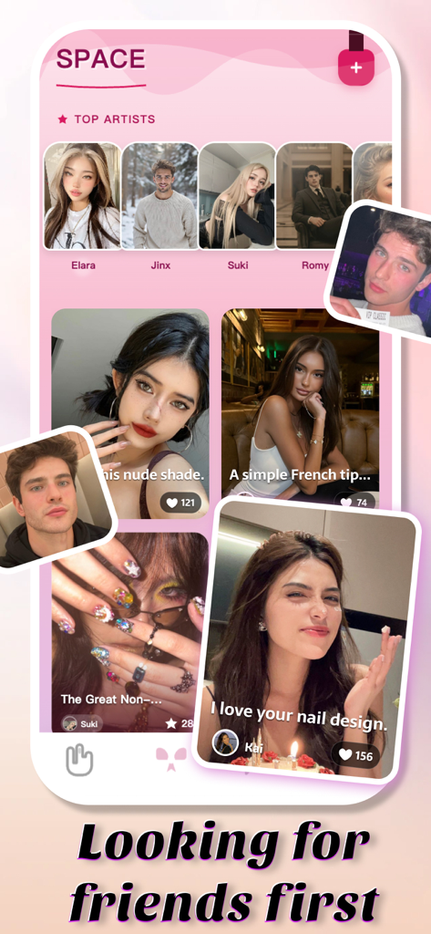 Space - Share & Chat - Spaceアプリのインターフェイス。ネイルアートデザインのソーシャルフィードと、柔らかなピンクとラベンダーのテーマでトップアーティストのプロフィール写真が表示されています。
