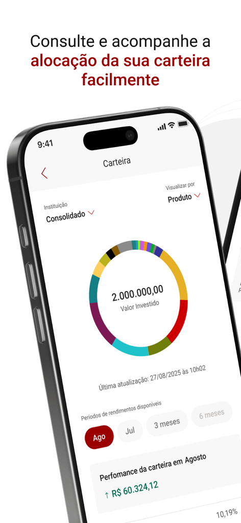 Santander Corretora: taxa 0 - Santander Corretora app screen displaying investment portfolio allocation and performance with a donut chart