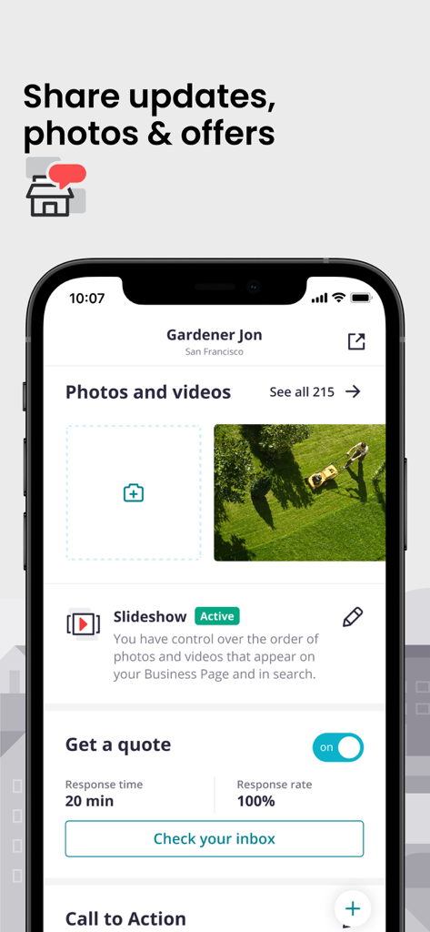 Yelp for Business app interface showing photo uploads and lead conversion tools for a gardening service.