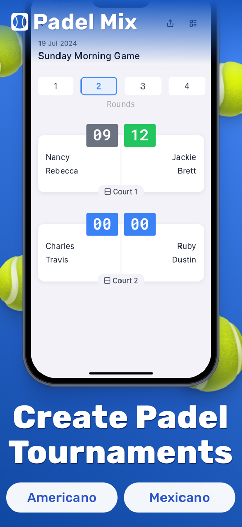 Padel Americano - Padelmix - Mobile app interface displaying a padel tournament schedule with player names and scores on various courts.