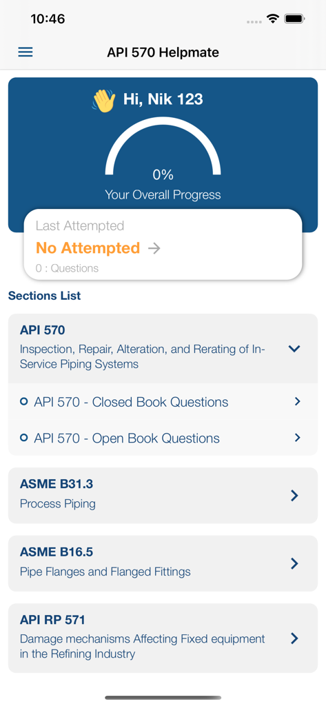 API 570 Helpmate - API 570 Helpmate app dashboard showing progress tracking and the study sections list for piping inspection certification.