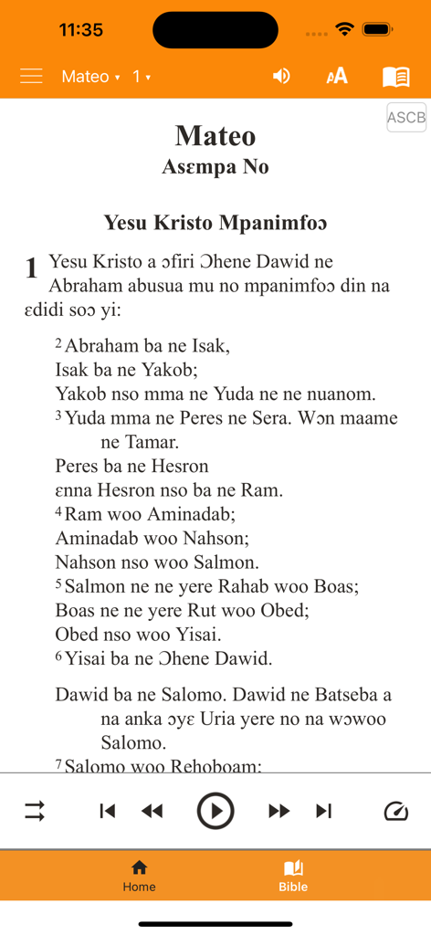 Asante Twi Bible app screen displaying scripture from the book of Matthew with audio playback controls.