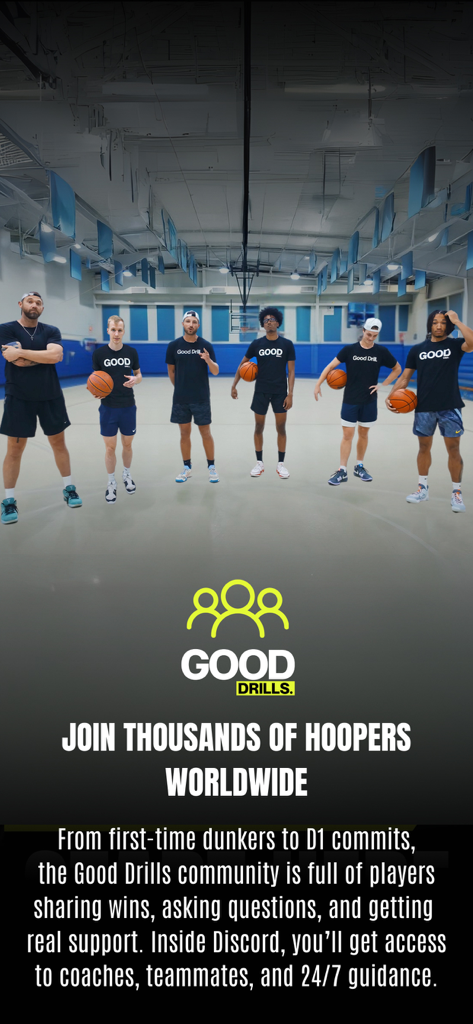 A group of basketball coaches in a gym promoting the Good Drills global community.