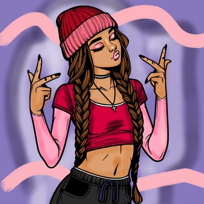 realistic teenage girl with braids and a beanie and crop top doing 🫶🏼