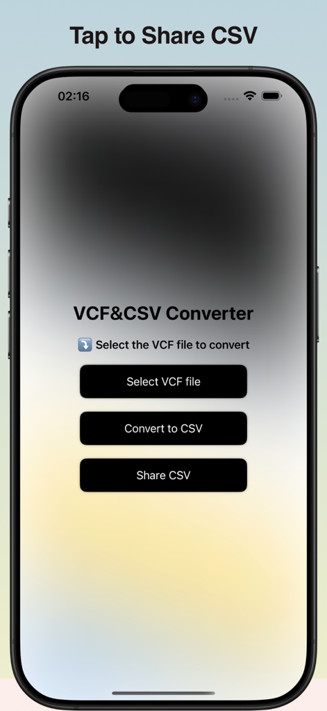 VCF&CSV Converter - Aplicativo móvel Conversor VCF e CSV mostrando botões para converter e compartilhar arquivos de contato