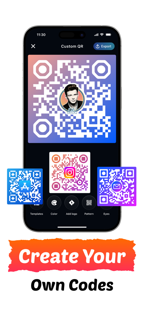QRBot: QR Code Maker + Barcode - Mobile app interface for creating custom branded QR codes with colors and logos