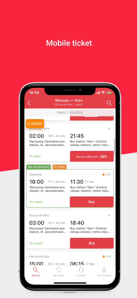 Smartphone screen of BUSFOR app displaying bus routes from Warsaw to Kiev with mobile ticket options