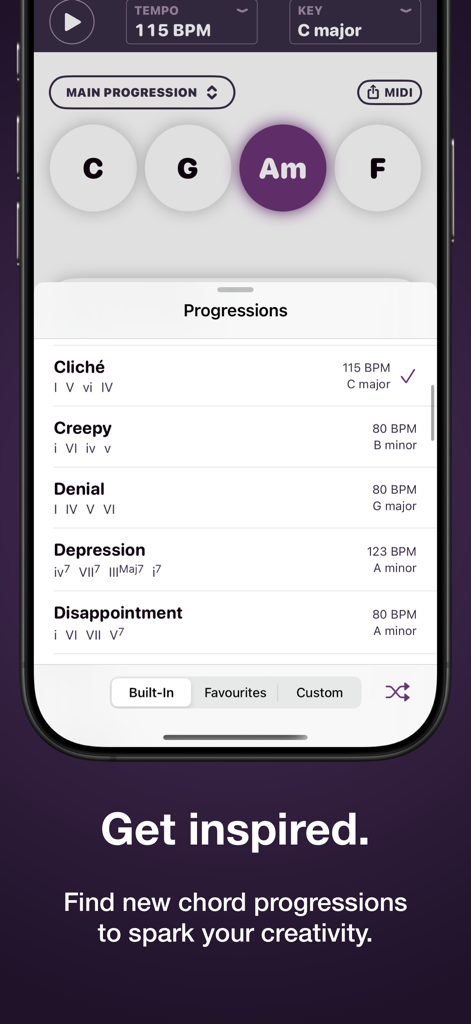 Autochords - Interface of the Autochords app showing a list of mood-based chord progressions to inspire songwriters.