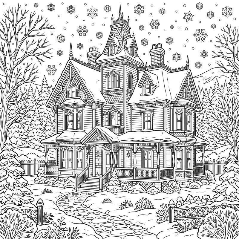 Step into a frosty fairytale with this intricate Victorian mansion coloring page, beautifully blanketed in snow. Immerse yourself in the charm of a bygone era and add your personal touch to this enchanting winter scene.