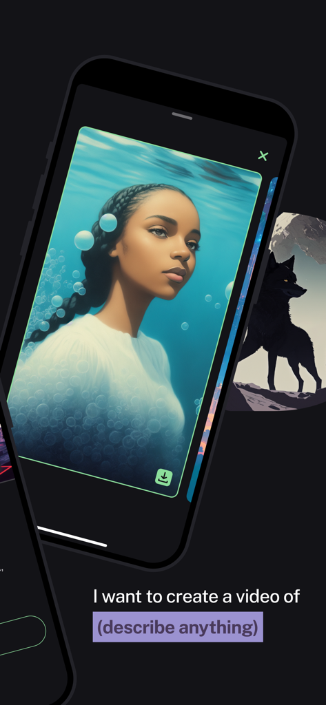 Kaiber - Pantalla de la aplicación Kaiber mostrando un retrato subacuático generado por IA y una indicación de texto para la creación de video