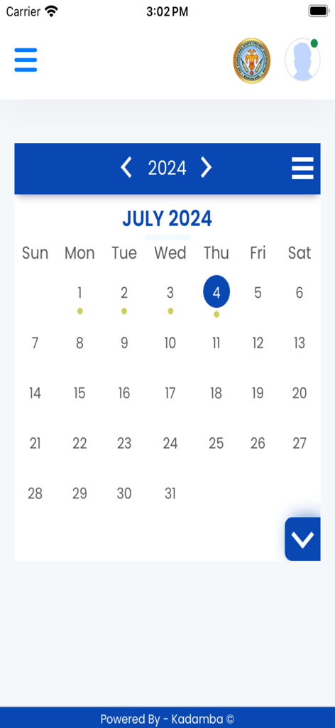 KSCA OTMS - Monthly calendar view in the KSCA OTMS app showing scheduled cricket matches