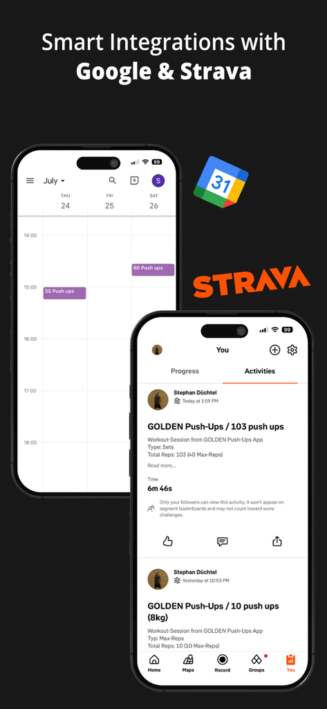 Smart integrations of Golden Push Up Tracker with Google Calendar and Strava activities